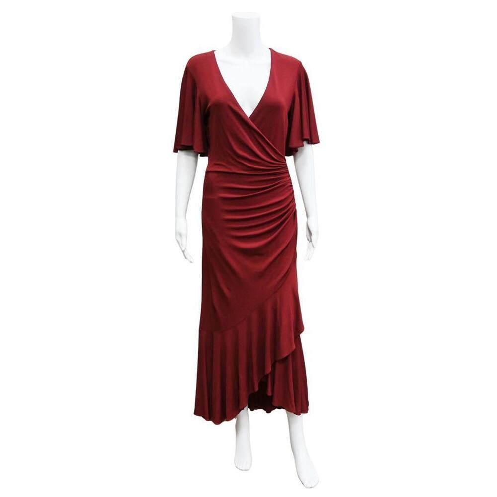 Michael Kors Collection Wrap Midi Dress Size 4 V Neck Burgundy Red Tulip Hem